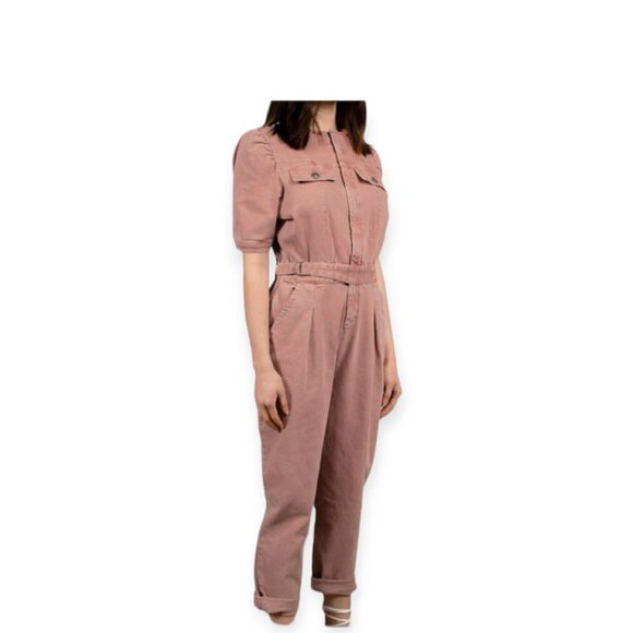 Mauby Blush Pink Puff Sleeve Denim Jumpsuit Small NWT Adjustable Belt - Picture 16 of 16